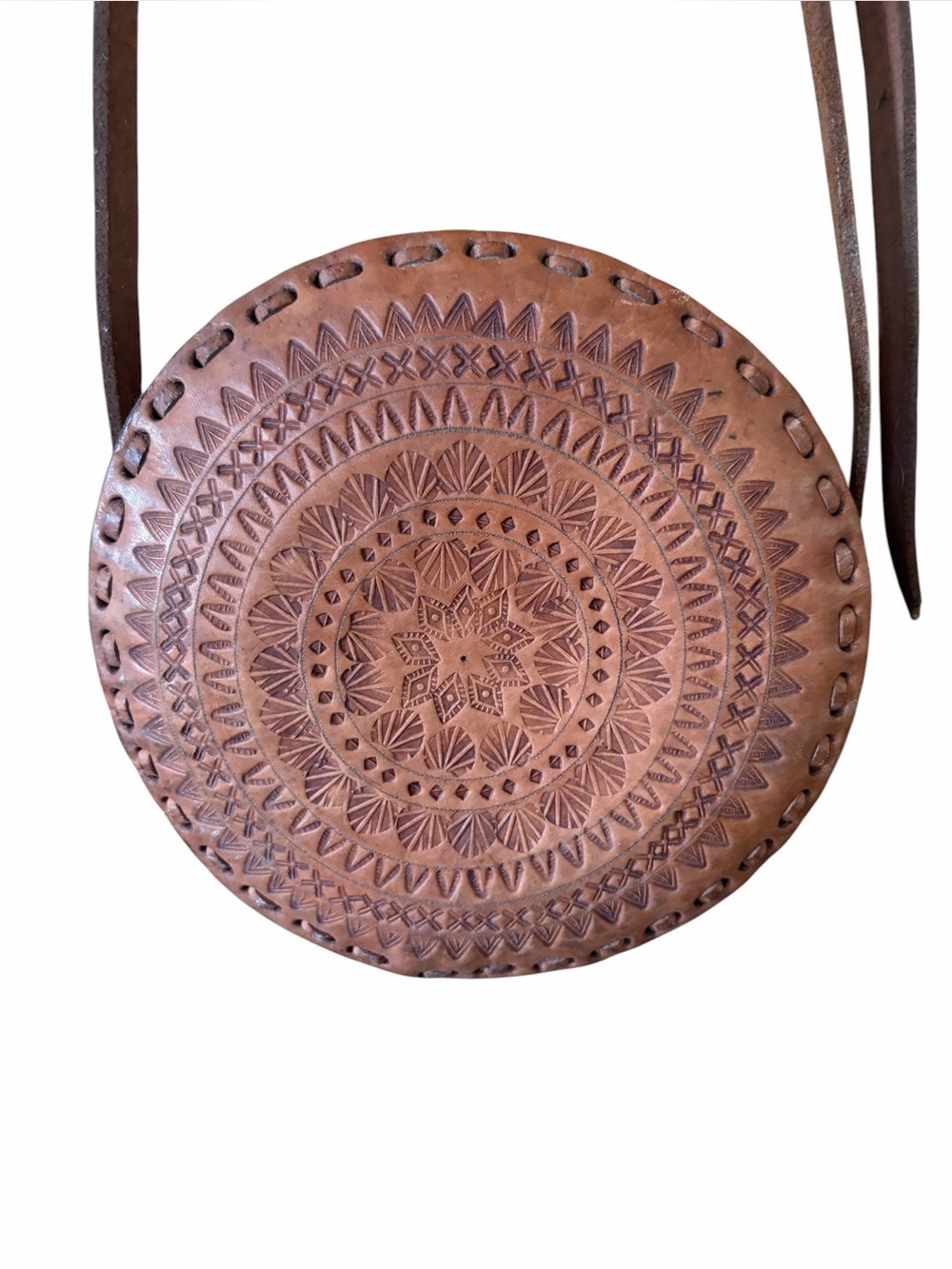 Vintage Tooled Leather Purse Bag circular round
